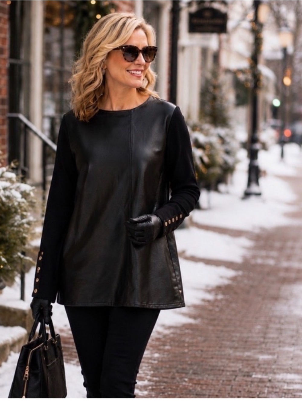 Black Faux Leather Front Long-Sleeve Tunic Top